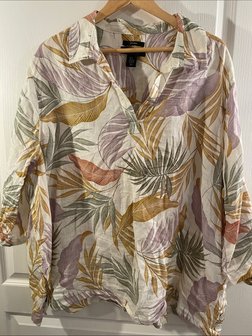 Tahari 100% Linen Cream Tunic with Mustard, Lavender & Olive Leaf Print
